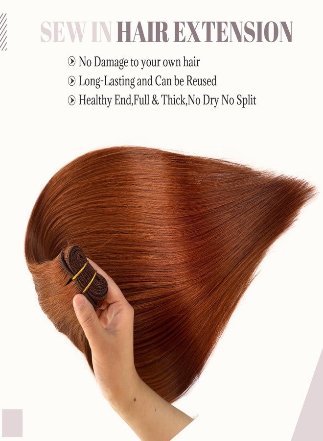 Smartinnov Copper Red Weft Hair Extensions, Double Weft Sew in Human Hair Extension for Women 16 Inch 100g Light Auburn Brown Hair Bundles Hand Tied Sew in for Adding Silky Straight New Red Ginger Color - Image 2